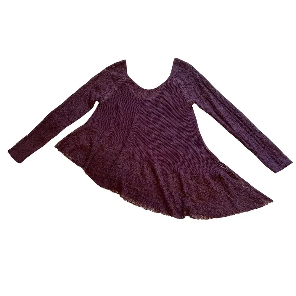 Free People Boho Purple Mesh Lace Asymmetrical Hem Long Sleeve Blouse Small